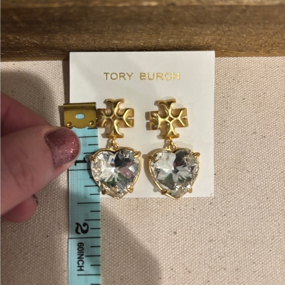 Tory Burch Gold and Sparkling Silver Stone Heart Earrings - Picture 9 of 9